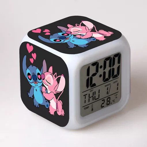 Cute Disney Cartoon Lilo&Stitch Alarm Clock Growing LED Color Change Digital Light PVC Stitch Figure Toys for Kids Birthday Gift