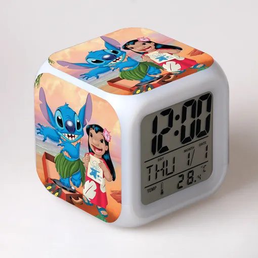 Cute Disney Cartoon Lilo&Stitch Alarm Clock Growing LED Color Change Digital Light PVC Stitch Figure Toys for Kids Birthday Gift