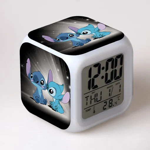 Cute Disney Cartoon Lilo&Stitch Alarm Clock Growing LED Color Change Digital Light PVC Stitch Figure Toys for Kids Birthday Gift