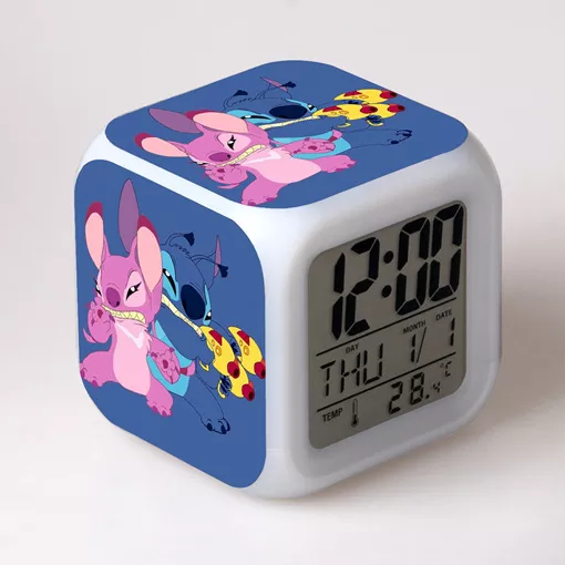 Cute Disney Cartoon Lilo&Stitch Alarm Clock Growing LED Color Change Digital Light PVC Stitch Figure Toys for Kids Birthday Gift