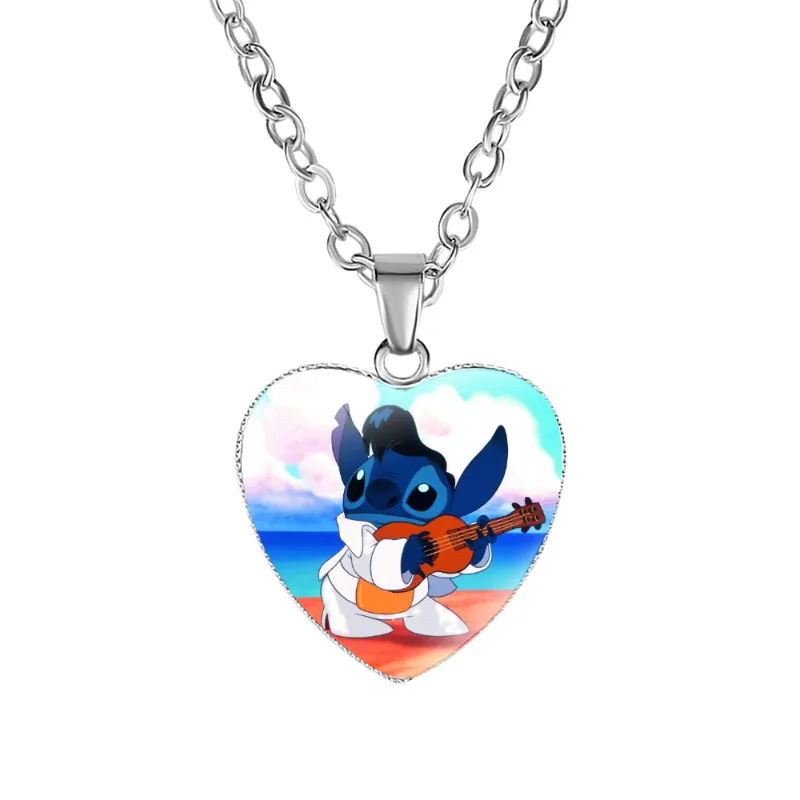 2023 New Disney Stitch Necklaces Cute Lilo & Stitch Heart Necklace Photo Printed Glass Pendant for Kids Handmade Jewelry Gifts