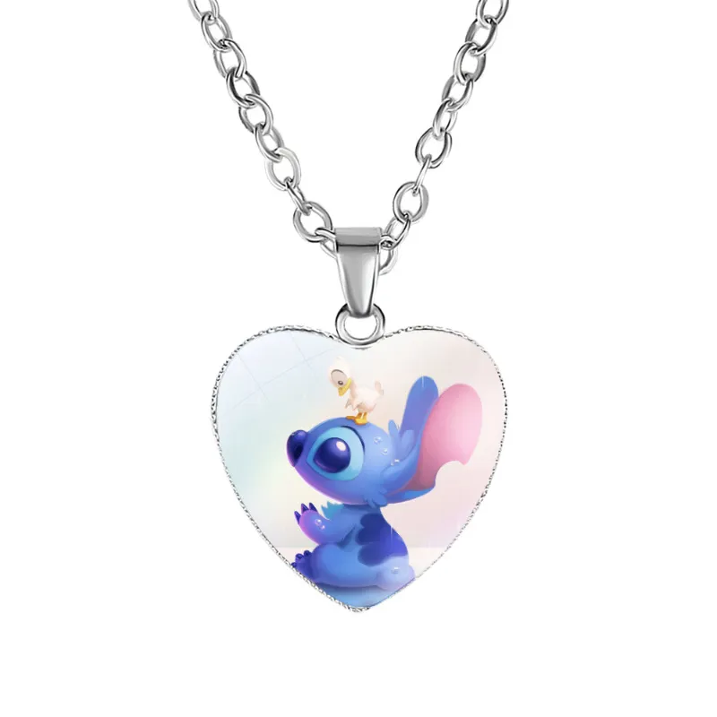 2023 New Disney Stitch Necklaces Cute Lilo & Stitch Heart Necklace Photo Printed Glass Pendant for Kids Handmade Jewelry Gifts