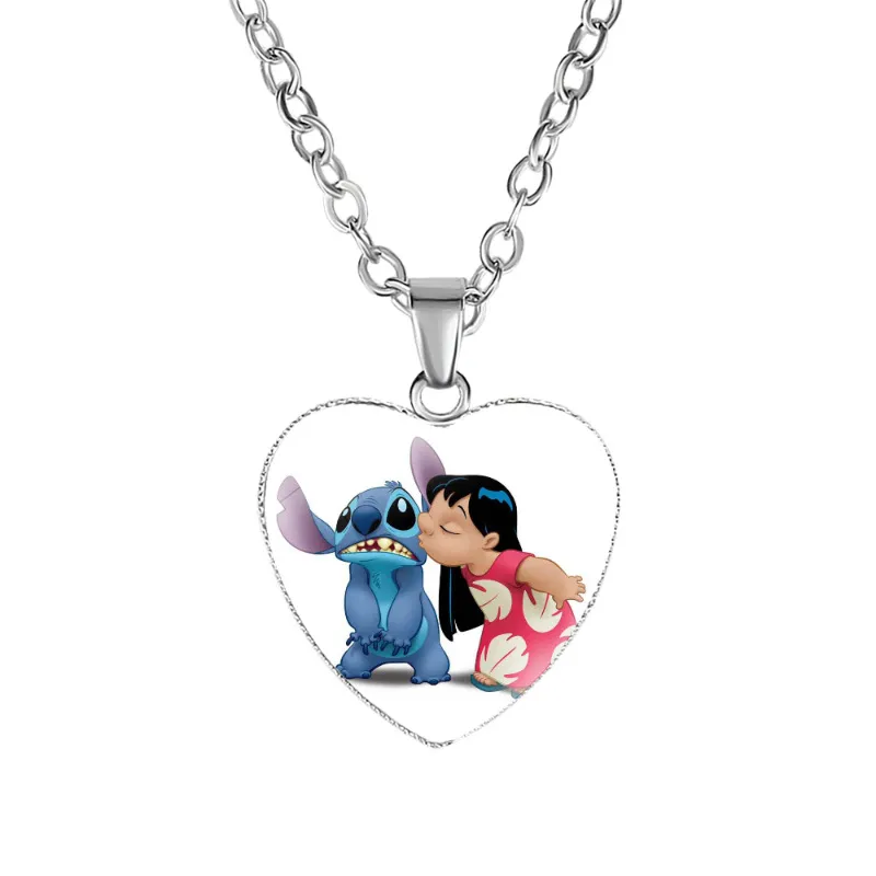 2023 New Disney Stitch Necklaces Cute Lilo & Stitch Heart Necklace Photo Printed Glass Pendant for Kids Handmade Jewelry Gifts