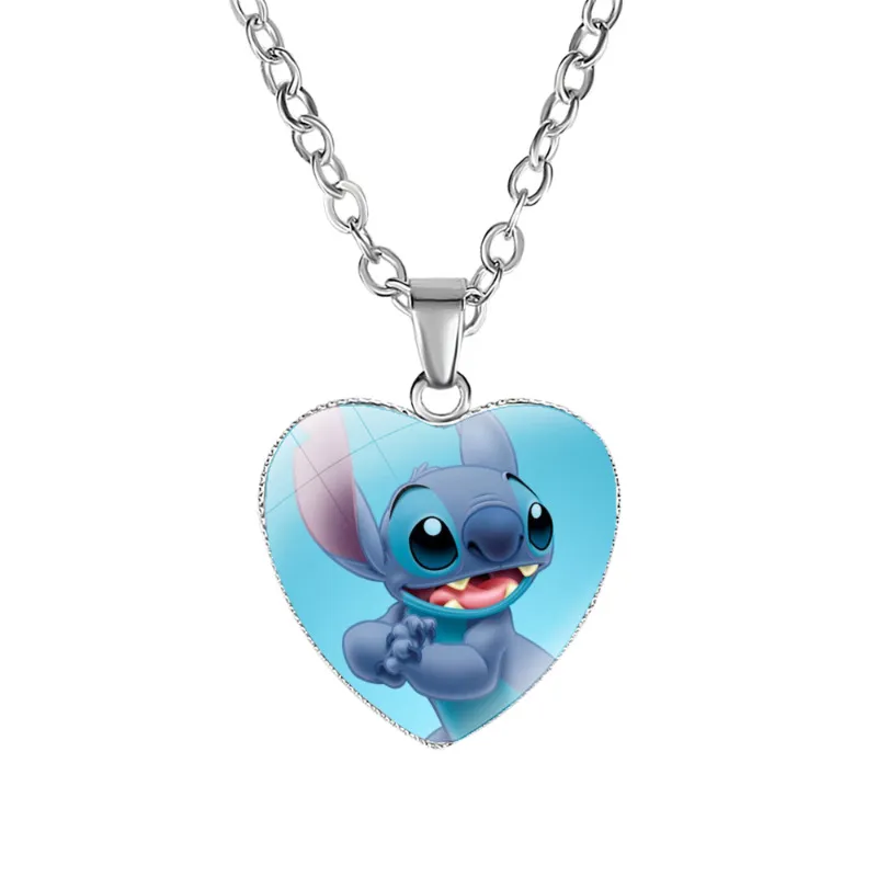 2023 New Disney Stitch Necklaces Cute Lilo & Stitch Heart Necklace Photo Printed Glass Pendant for Kids Handmade Jewelry Gifts