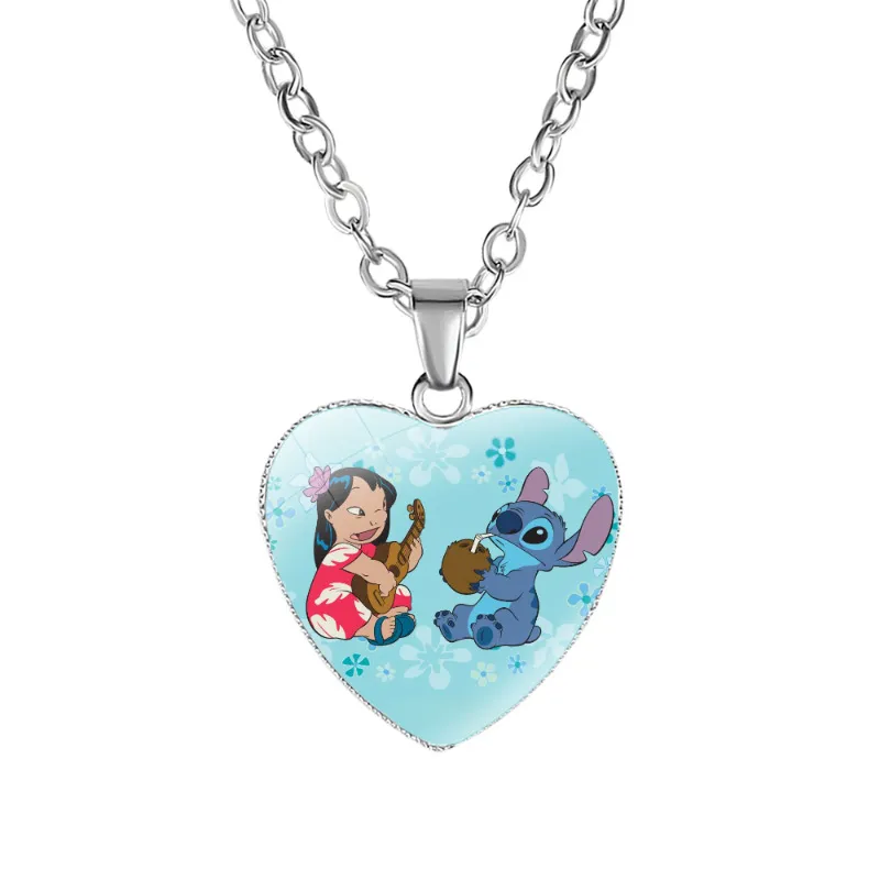 2023 New Disney Stitch Necklaces Cute Lilo & Stitch Heart Necklace Photo Printed Glass Pendant for Kids Handmade Jewelry Gifts