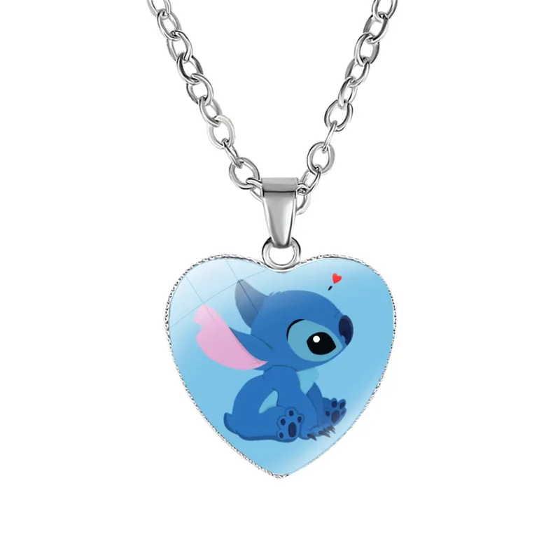 2023 New Disney Stitch Necklaces Cute Lilo & Stitch Heart Necklace Photo Printed Glass Pendant for Kids Handmade Jewelry Gifts