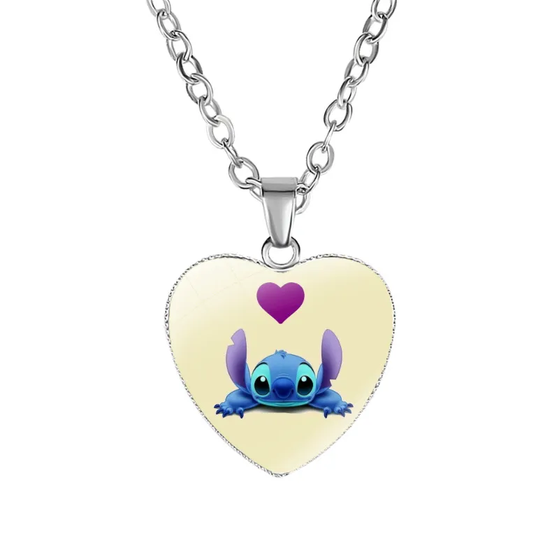 2023 New Disney Stitch Necklaces Cute Lilo & Stitch Heart Necklace Photo Printed Glass Pendant for Kids Handmade Jewelry Gifts