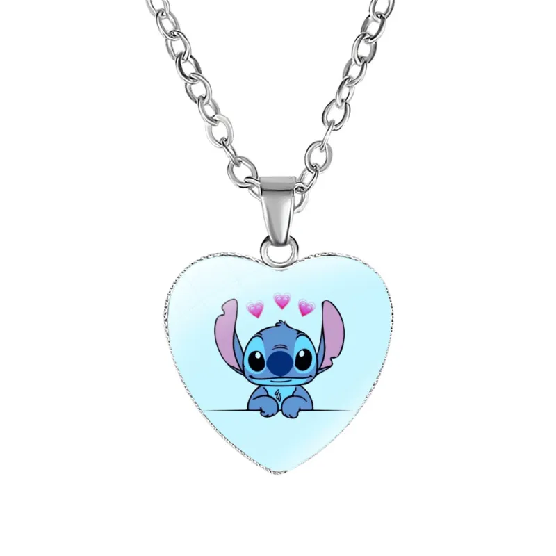 2023 New Disney Stitch Necklaces Cute Lilo & Stitch Heart Necklace Photo Printed Glass Pendant for Kids Handmade Jewelry Gifts