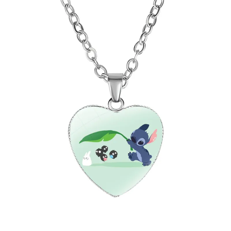 2023 New Disney Stitch Necklaces Cute Lilo & Stitch Heart Necklace Photo Printed Glass Pendant for Kids Handmade Jewelry Gifts