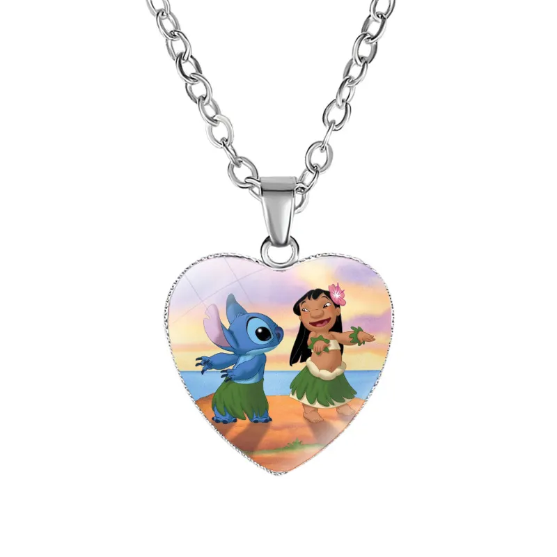 2023 New Disney Stitch Necklaces Cute Lilo & Stitch Heart Necklace Photo Printed Glass Pendant for Kids Handmade Jewelry Gifts