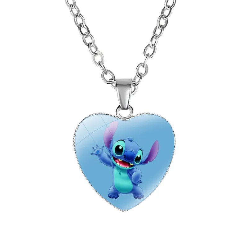 2023 New Disney Stitch Necklaces Cute Lilo & Stitch Heart Necklace Photo Printed Glass Pendant for Kids Handmade Jewelry Gifts