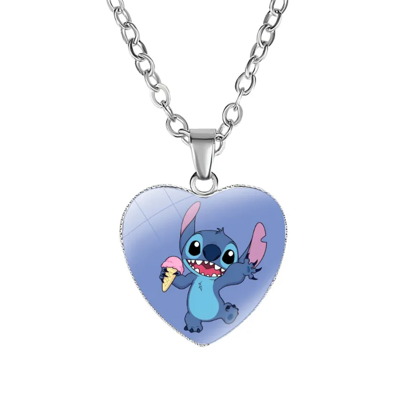 2023 New Disney Stitch Necklaces Cute Lilo & Stitch Heart Necklace Photo Printed Glass Pendant for Kids Handmade Jewelry Gifts