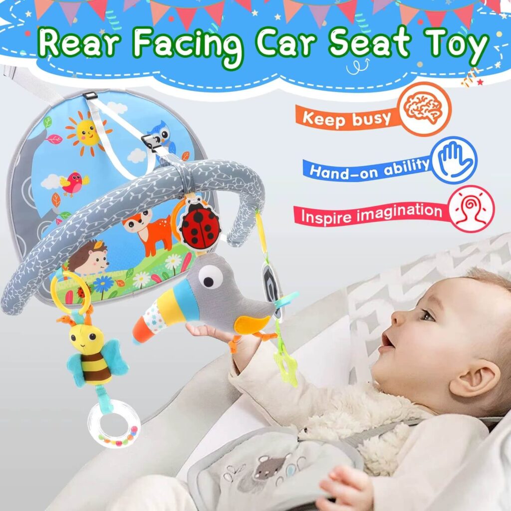 Baby Car Seat Animals Plush Toys With Music & Plastic Mirror